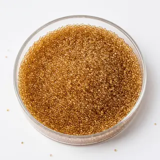 Gel Strong Acid Cation (SAC) resin beads in a laboratory petri dish